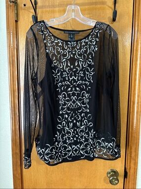 White House Black Market Black Mesh Long-Sleeve Top with White Embroidery